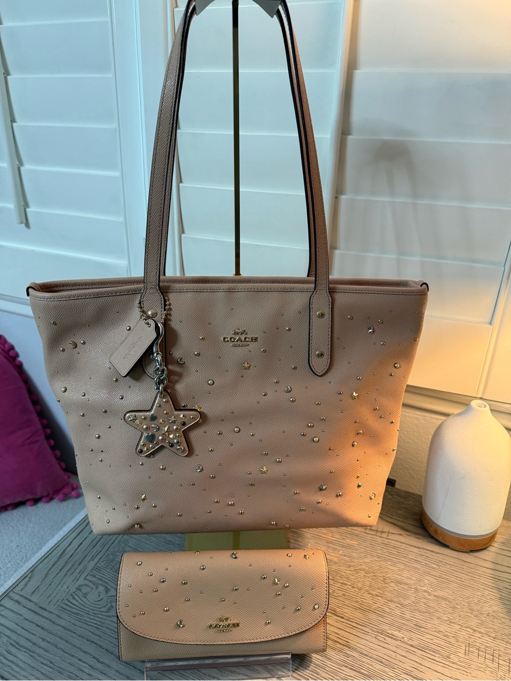 Coach Bundle City Zip Tote, Wallet & Charm in Stardust Studded Nude Pink